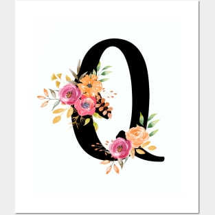 Letter Q With Watercolor Floral Wreath Posters and Art